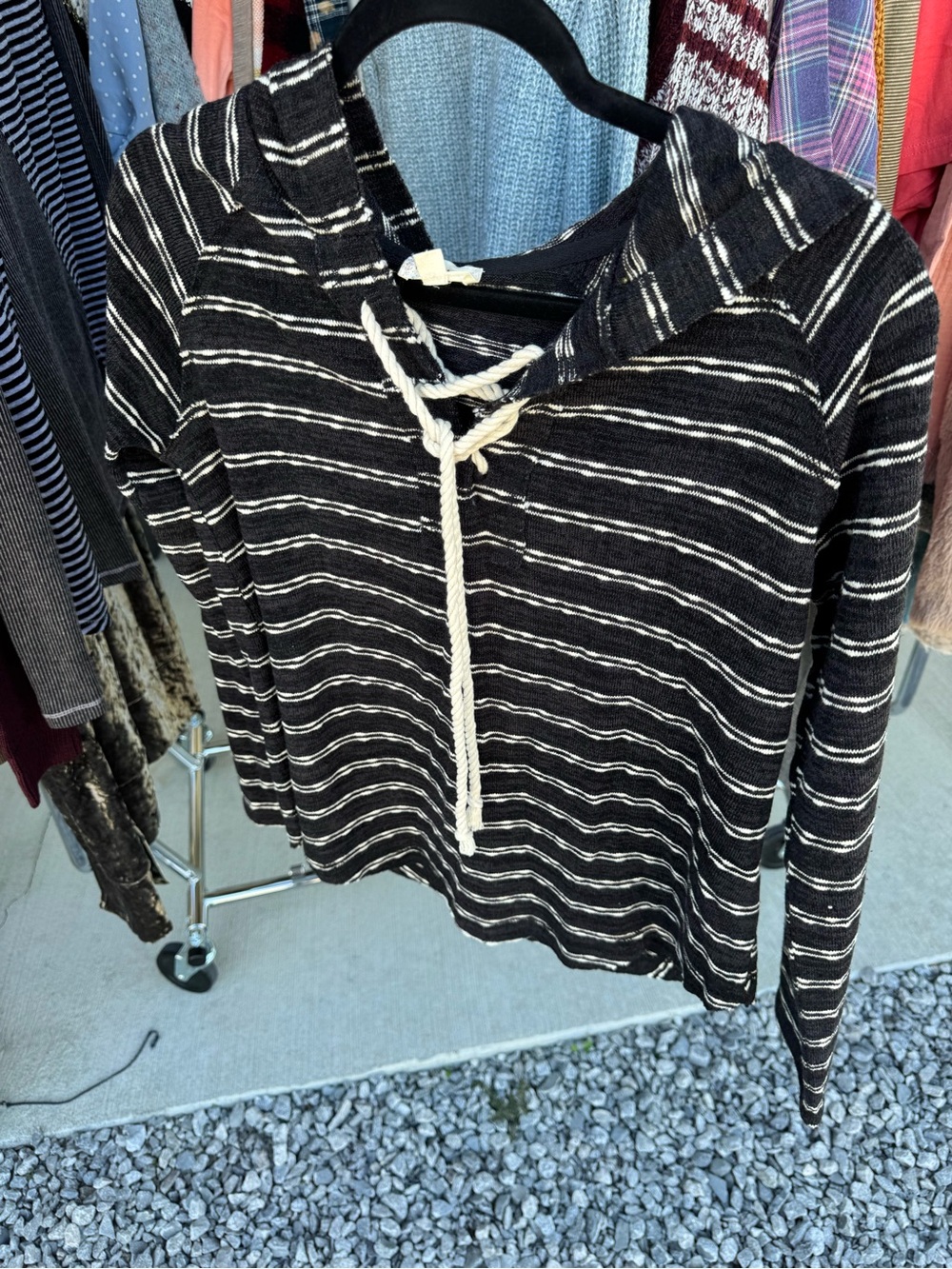 Hem & Thread Black and White Striped Lace-Up Hoodie